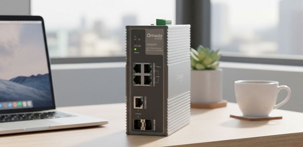 Przełącznik TP-Link Omada z 24 portami Gigabit Ethernet stoi na biurku podczas zarządzania siecią w biurze..