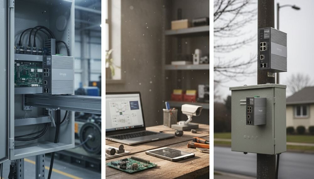 Przełącznik TP-Link Omada z portami Gigabit Ethernet pracuje obok monitora i laptopa podczas administracji siecią firmową