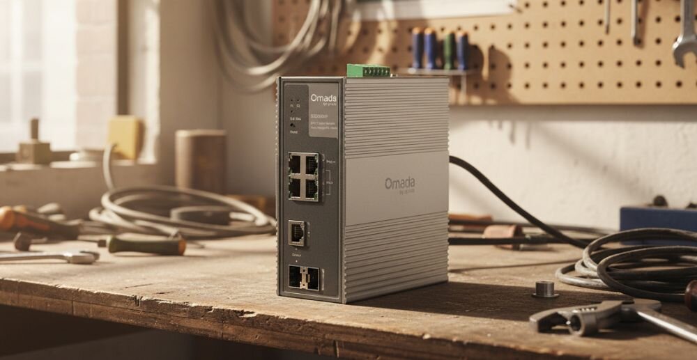 Przełącznik TP-Link Omada z portami Gigabit Ethernet prezentuje panel złączy sieciowych na stanowisku administracyjnym w biurze. 