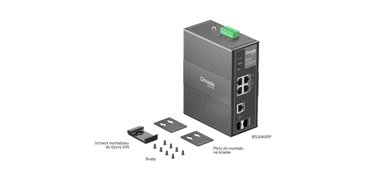 Przełącznik TP-Link Omada z portami Gigabit Ethernet prezentuje metalową obudowę na jasnym tle produktowym