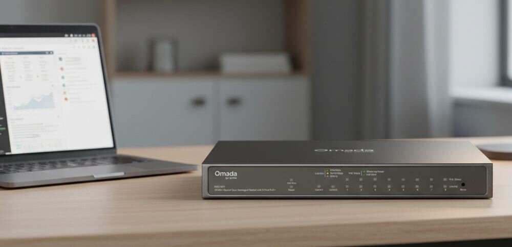 Router TP-LINK Omada Multi-Gigabit VPN Gateway stoi na biurku obok laptopa podczas zarządzania siecią w biurze.