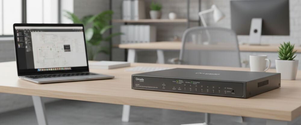 Router TP-LINK Omada Multi-Gigabit VPN Gateway pracuje z punktem dostępowym Wi‑Fi podczas zarządzania siecią firmową
