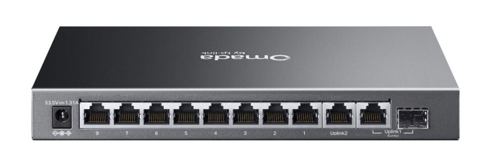 Router TP-LINK Omada Multi-Gigabit VPN Gateway prezentuje porty SFP, WAN i LAN na jasnym tle produktowym. 