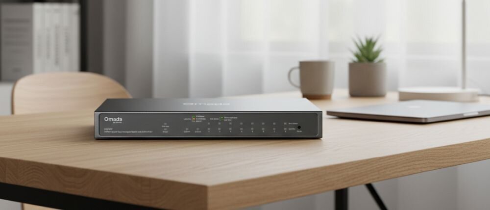 Router TP-LINK Omada VPN Gateway stoi na biurku obok notatnika podczas zarządzania siecią firmową w nowoczesnym biurze.