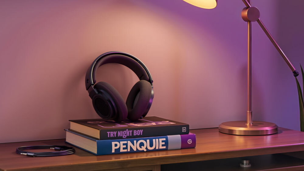 Słuchawki nauszne PHILIPS SHP9500CY/00 komfort odsłuchu retro, słuchawki nauszne stojące na książkach w pomieszczeniu