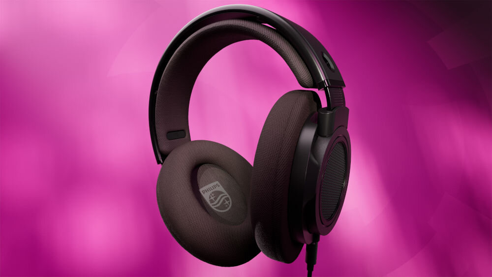 Słuchawki nauszne PHILIPS SHP9500CY/00 styl retro komfort brzmienia, słuchawki nauszne po skosie na różowym tle