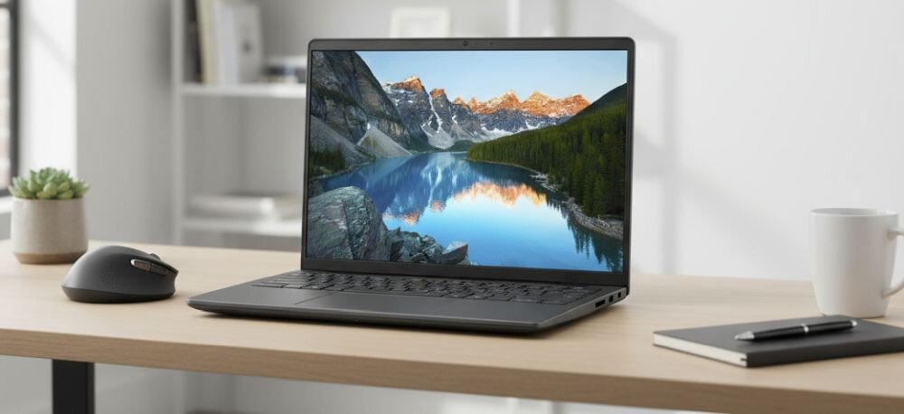 Laptop Dell Inspiron 5440 z procesorem Intel Core wyświetlający aplikację do edycji zdjęć z surfingiem na fali morskiej, idealny do obróbki graficznej 