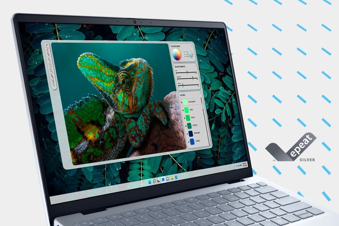 Dell Inspiron 5440 z certyfikatem EPEAT Silver wyświetlający aplikację do edycji zdjęć kameleona, ekologiczny laptop z funkcjami zrównoważonego rozwoju - eko EPEAT 
