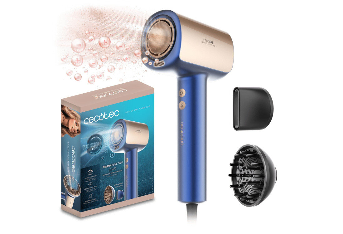 Suszarka CECOTEC DryGlam Nano Plasma Niebieski 1600 W zestaw akcesoria komplet wyposażenie