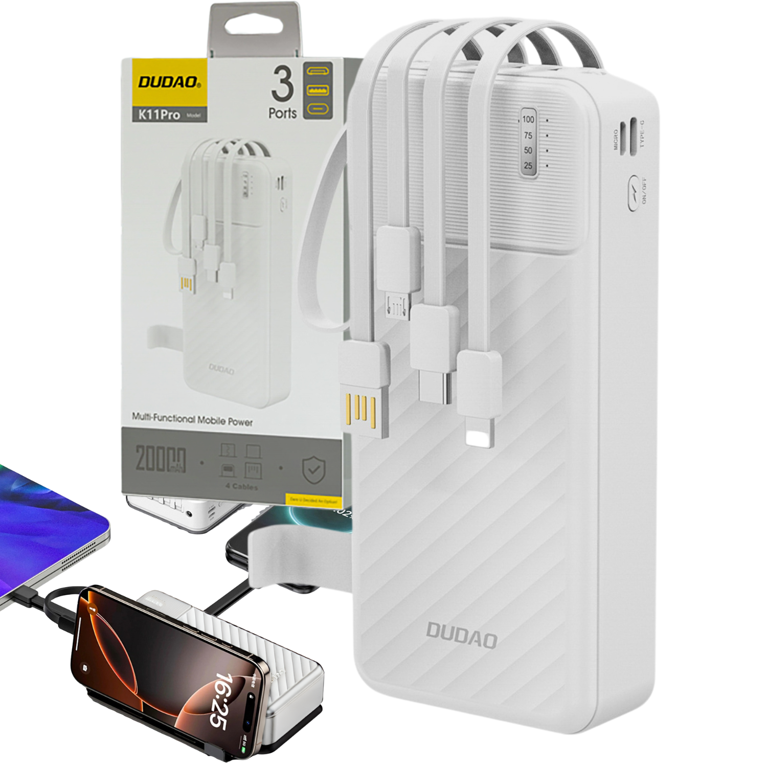 Biały powerbank z wbudowanymi kablami i wskaźnikiem naładowania, obok opakowanie z napisem \'Dudao K11 Pro\'. Na opakowaniu widnieje informacja \'3 Ports\' oraz \'20000mAh\'.