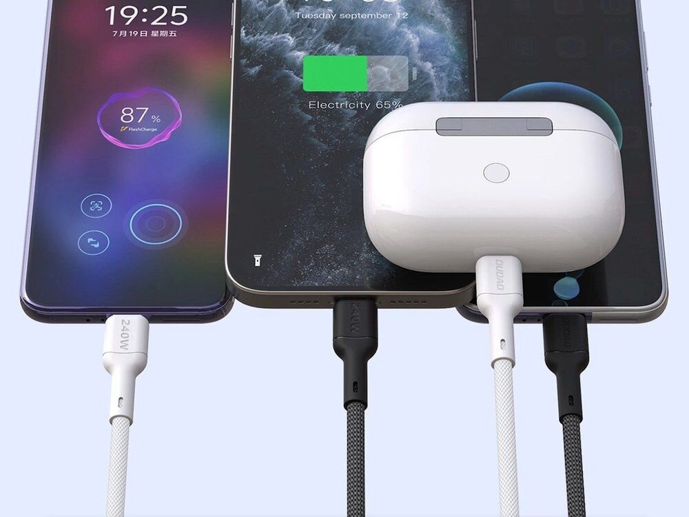 Kabel DUDAO L9C Max kabla USB-C/USB-C Dudao L9C Max szybkiego ładowania mocy do 240 W technologii Power Delivery (PD) optymalne napięcie i natężenie prądu moc 240 W Dudao L9C Max - kabel w dwóch wariantach kolorystycznych podpięty do smartfonów i słuchawek