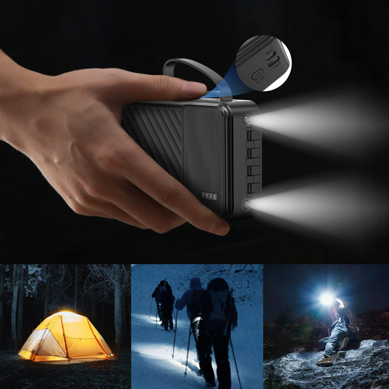 Osoba trzyma czarny powerbank z wbudowanymi kablami, z którego emitowane jest światło z dwóch diod. Na dole widoczne są trzy sceny: oświetlony namiot w lesie, grupa osób wędrujących po śniegu oraz osoba wspinająca się z latarką.
