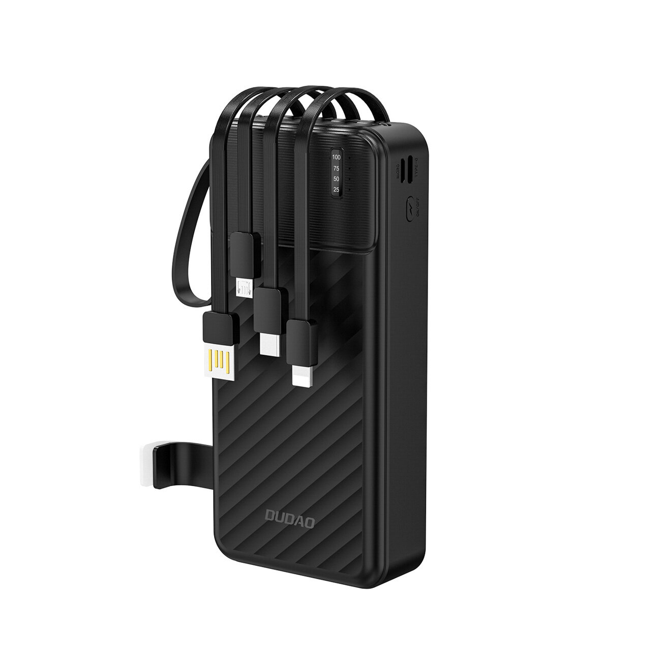 Czarny powerbank z wbudowanymi kablami, posiadający teksturę w skośne linie i logo \'DUDAO\'. Na obudowie widoczny jest wskaźnik poziomu naładowania z wartościami 100, 75, 50, 25.