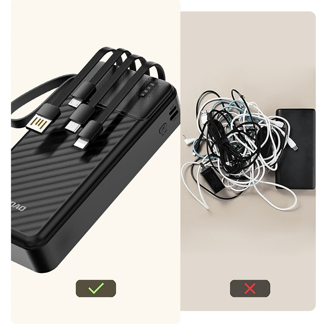 Po lewej stronie czarny powerbank z wbudowanymi kablami, po prawej plątanina różnych kabli. Pod powerbankiem zielony znak \'check\', pod plątaniną czerwony znak \'x\'.