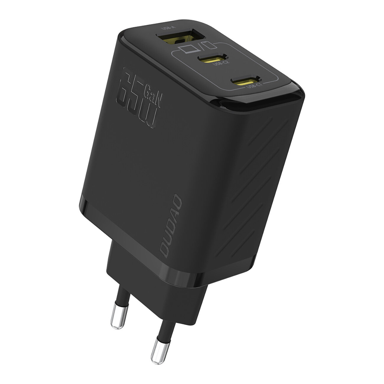 Czarna ładowarka sieciowa z dwoma portami USB-C i jednym portem USB-A. Na obudowie widoczne jest logo \'DUDAO\' oraz napis \'65W GaN\'.