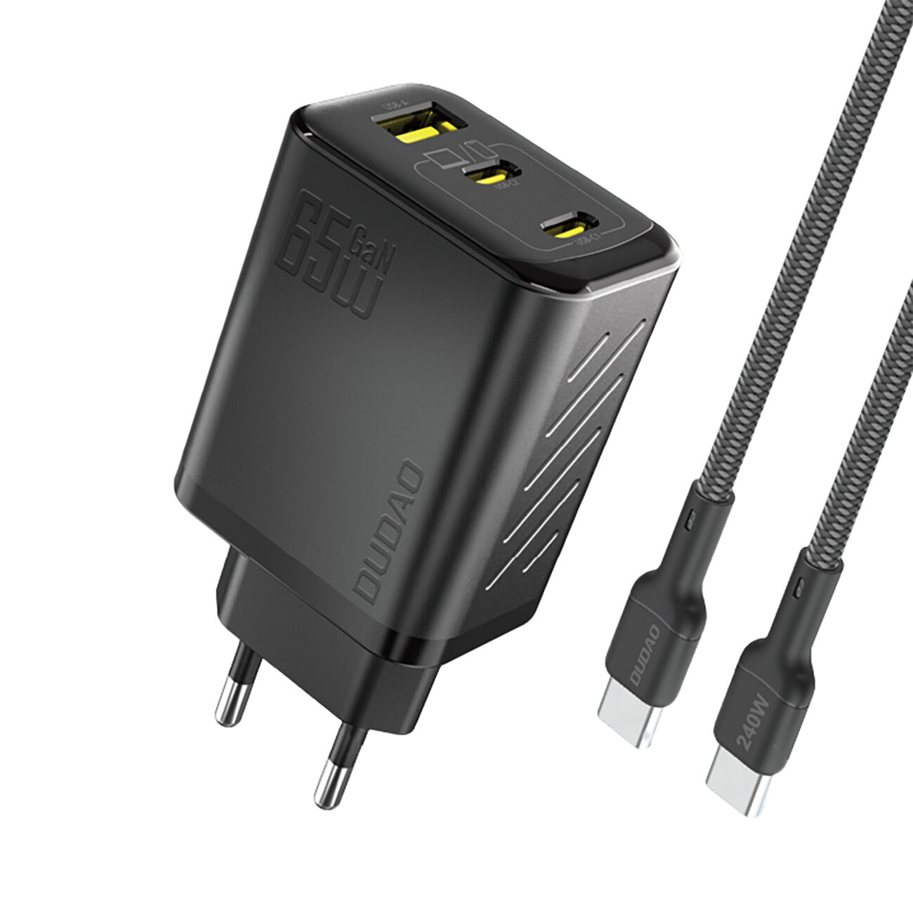 Czarna ładowarka sieciowa z dwoma portami USB i jednym USB-C, z widocznym napisem \'65W GaN\' oraz \'DUDAO\'. Obok znajduje się czarny kabel USB-C z napisem \'240W\'.