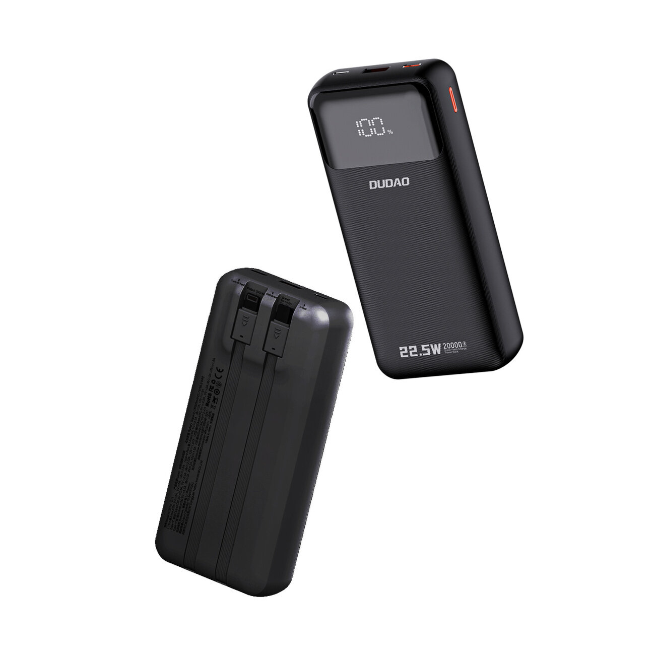 Na obrazie widoczny jest czarny powerbank z wyświetlaczem pokazującym \'100%\'. Na obudowie znajduje się napis \'DUDAO\' oraz \'22.5W 20000mAh\'.