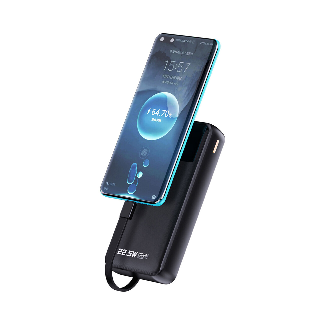 Na obrazie widać czarny powerbank z napisem \'22.5W 20000mAh\', do którego podłączony jest smartfon. Powerbank posiada wbudowane kable i jest w trakcie ładowania urządzenia.