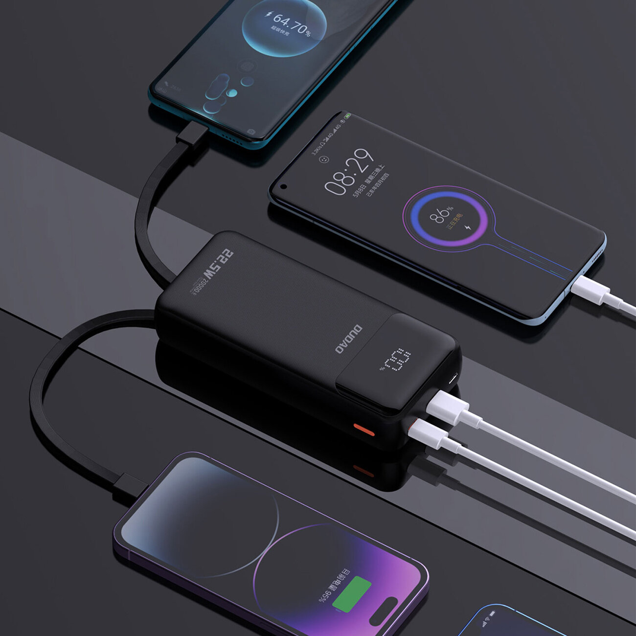 Czarny powerbank z logo \'Dudao\' ładuje trzy smartfony jednocześnie, z wyświetlaczem pokazującym poziom naładowania. Na ekranach telefonów widoczne są różne poziomy naładowania baterii.
