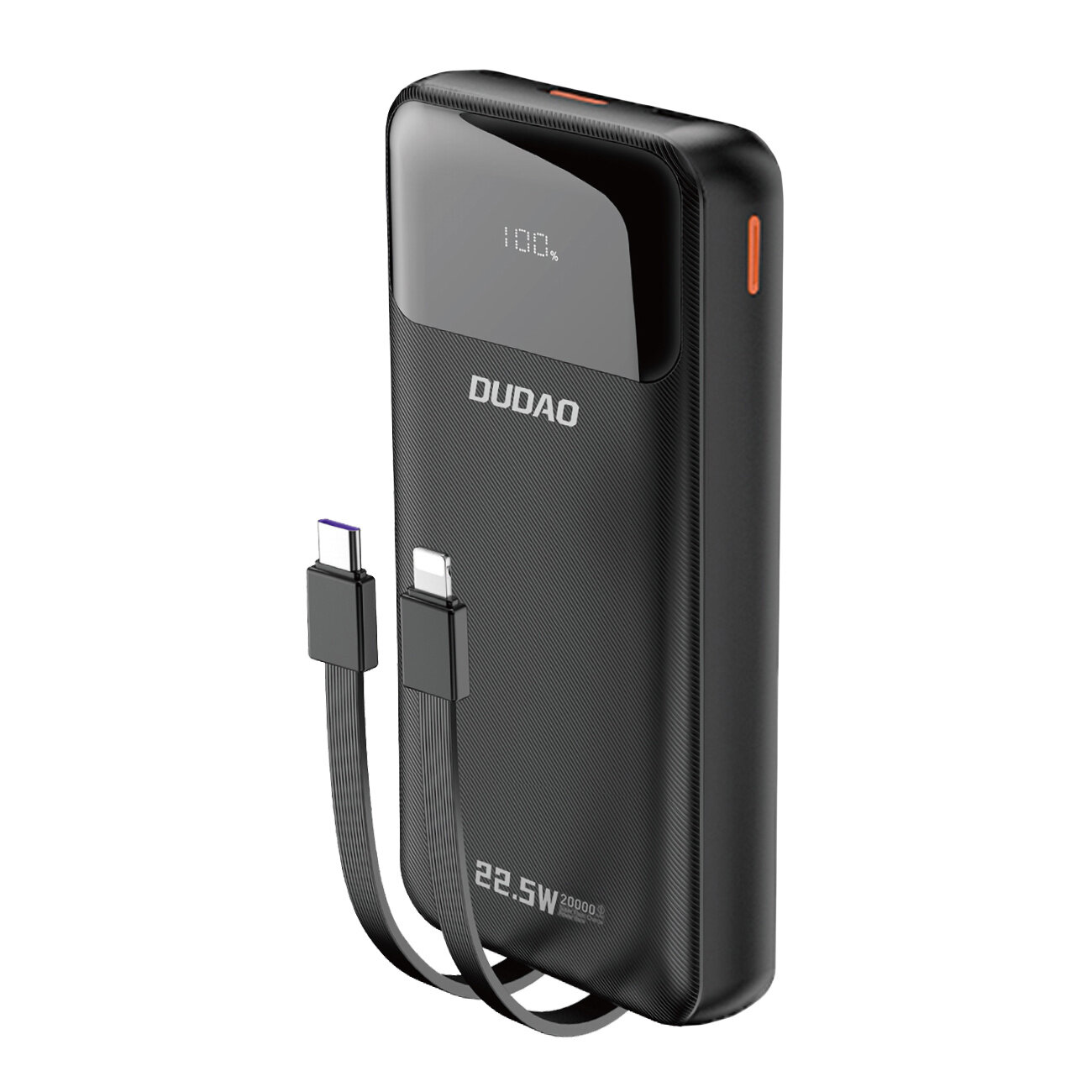 Czarny powerbank z wyświetlaczem pokazującym \'100%\' oraz logo \'DUDAO\'. Posiada wbudowane kable USB-C i Lightning, a na obudowie widnieje napis \'22.5W 20000\'.