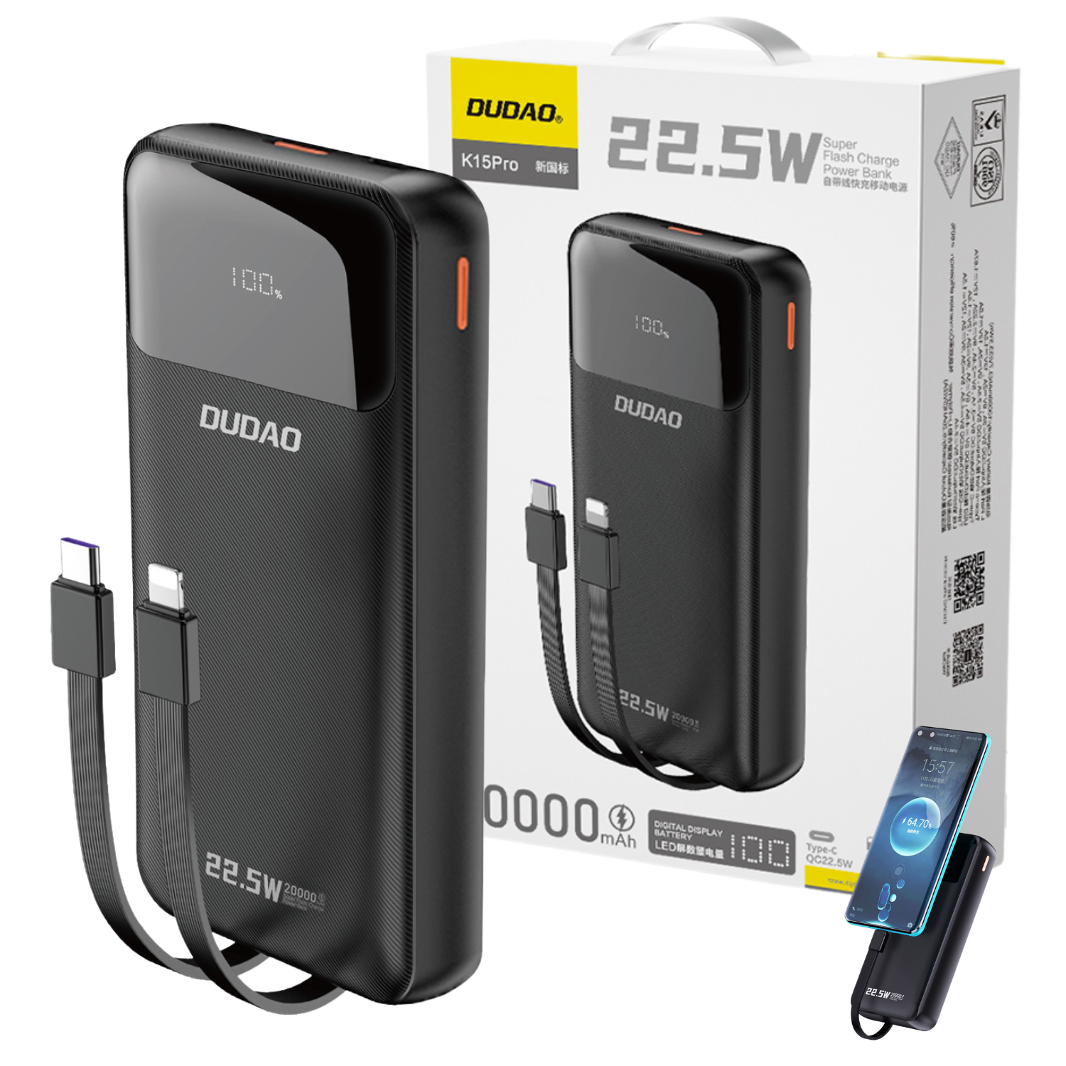 Czarny powerbank Dudao K15Pro z wyświetlaczem pokazującym \'100%\' oraz wbudowanymi kablami Lightning i USB-C. Obok znajduje się opakowanie z napisem \'22.5W Super Flash Charge Power Bank\'.