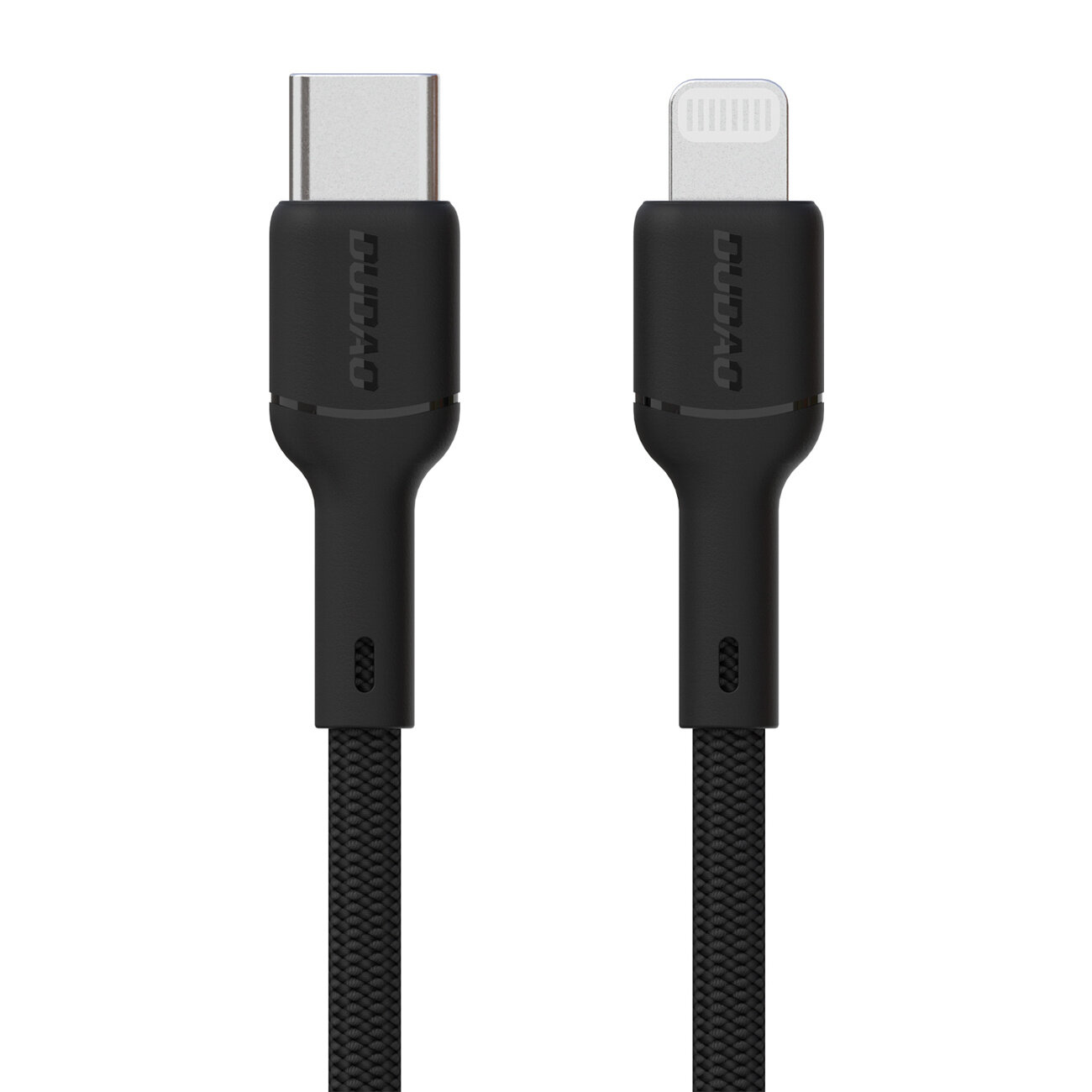 Obraz przedstawia czarny kabel z dwoma różnymi końcówkami: USB-C i Lightning. Na obu końcówkach widoczne jest logo \'DUDAO\'.