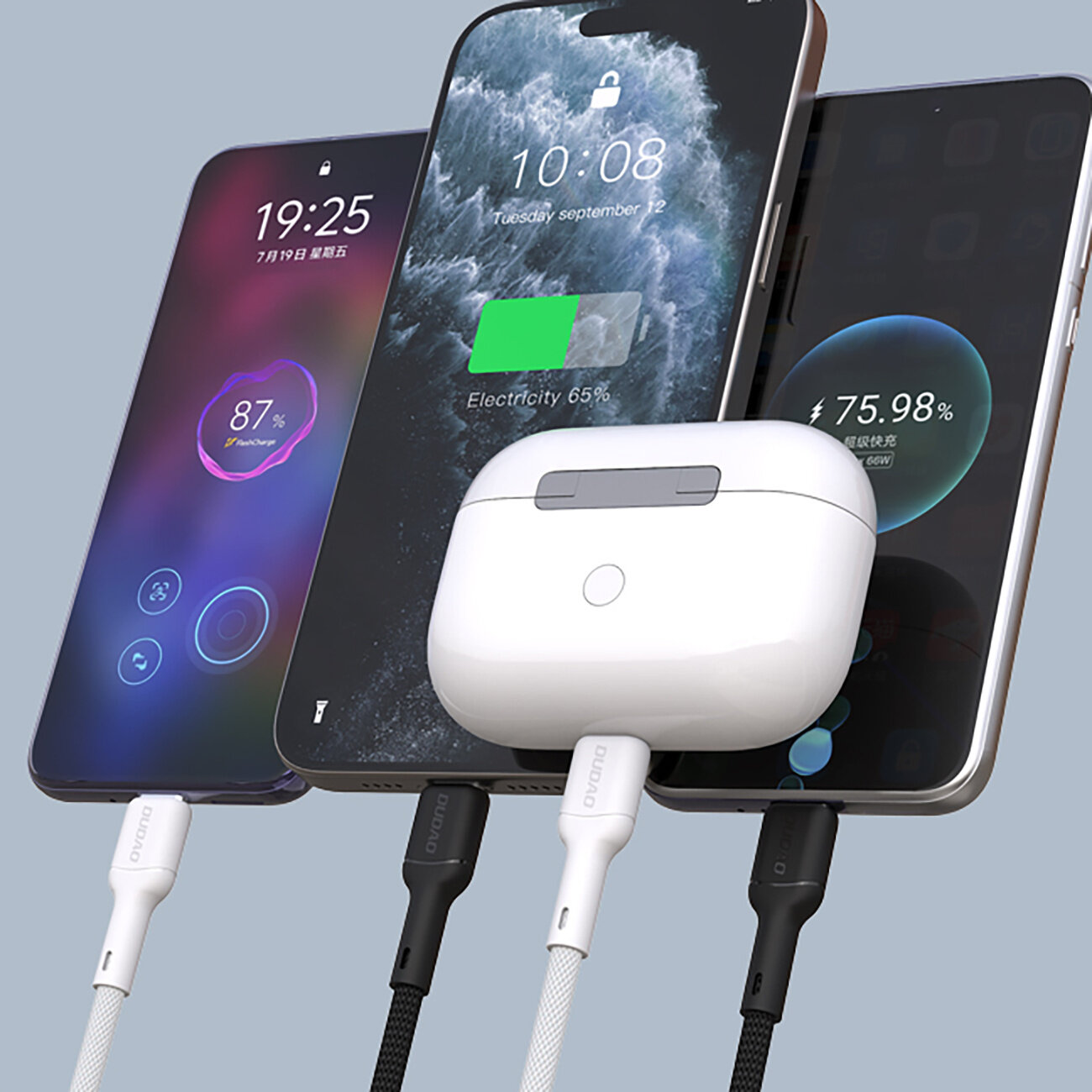 Trzy smartfony i etui na słuchawki są podłączone do ładowania za pomocą kabli USB-C. Na ekranach smartfonów widoczne są wskaźniki naładowania baterii: 87%, 65% i 75.98%.