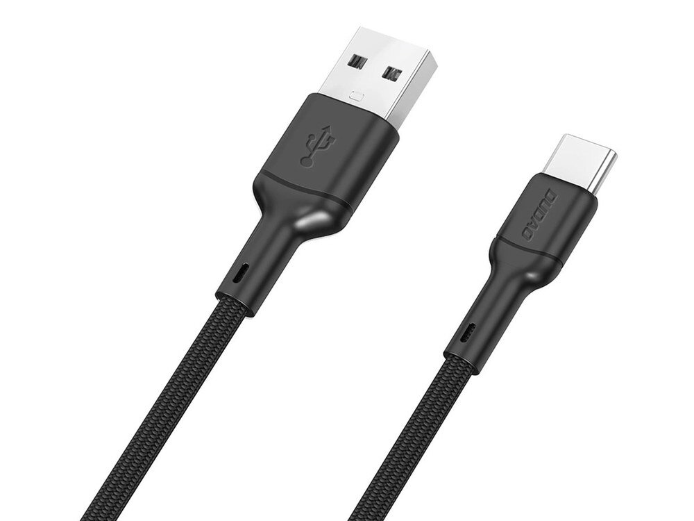 Na obrazie widoczny jest czarny kabel USB z końcówkami USB i USB-C. Na jednej z końcówek widnieje napis \'DUDAO\'.