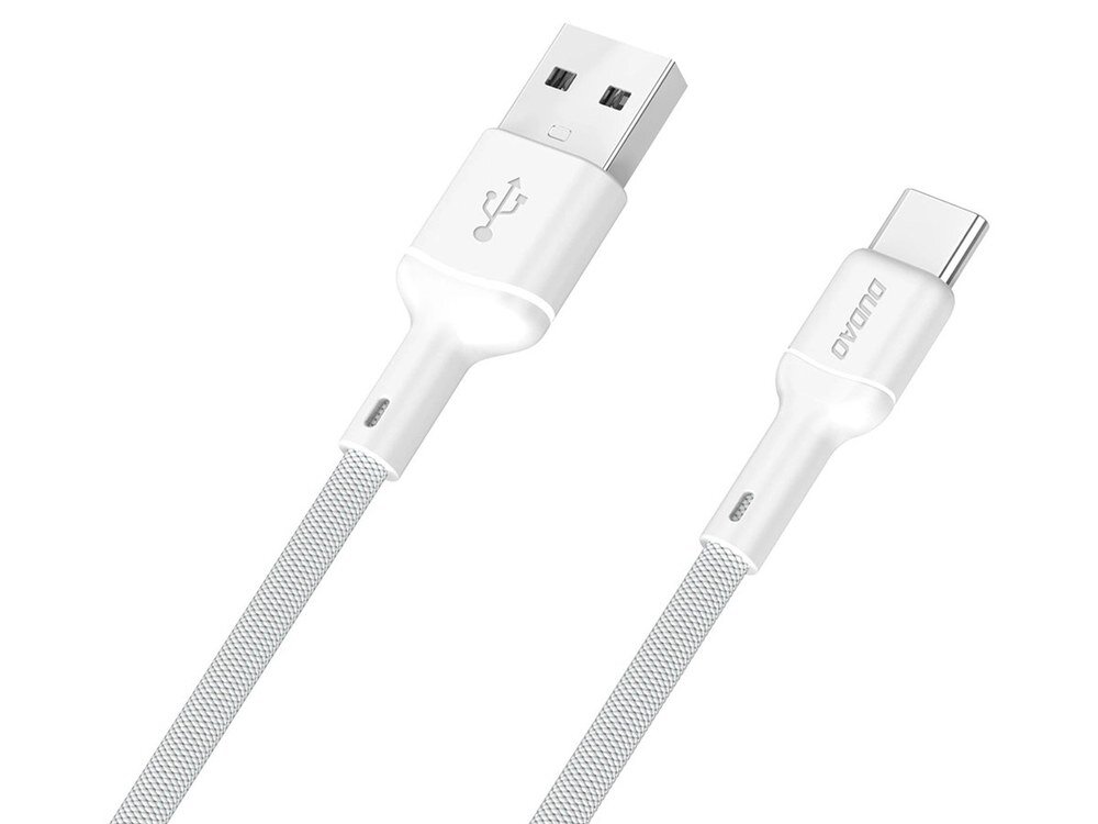 Biały kabel USB z końcówkami USB i USB-C, z widocznym logo \'DUDAO\' na jednej z końcówek. Kabel ma plecioną osłonę.
