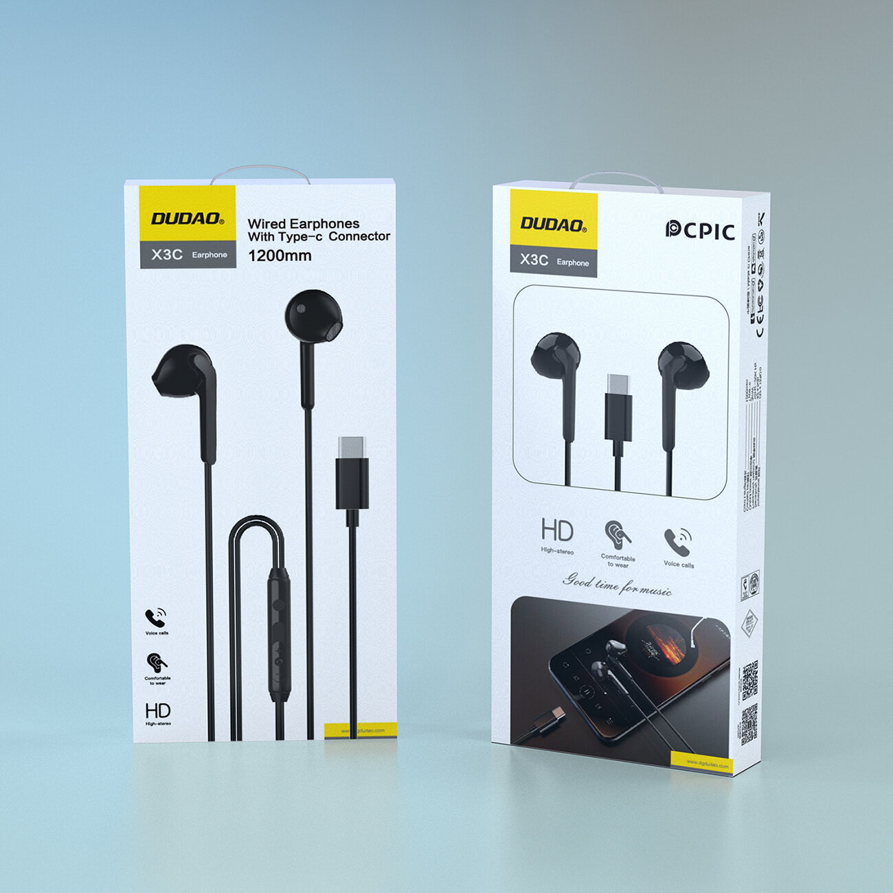 Na obrazie widoczne są dwa opakowania słuchawek Dudao X3C z czarnymi przewodowymi słuchawkami i złączem USB-C. Na opakowaniach znajdują się napisy: \'Wired Earphones With Type-C Connector 1200mm\', \'HD\', \'Good time for music\', oraz logo Dudao i CPIC.