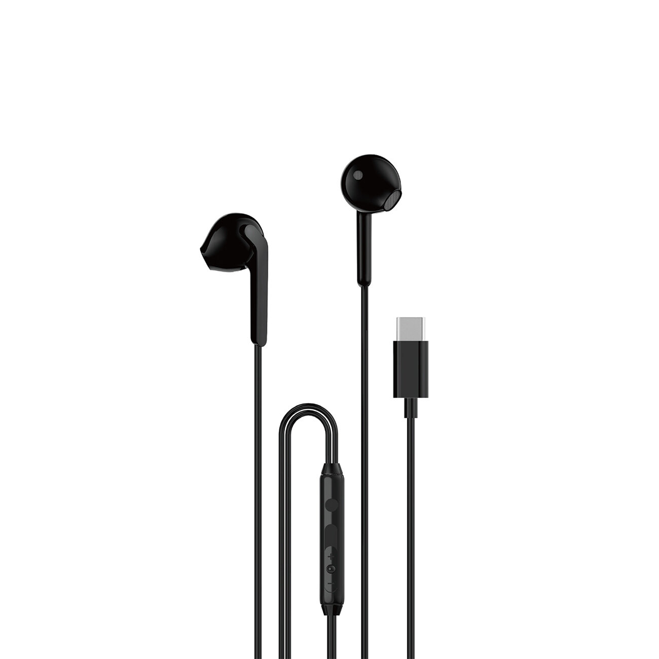 Czarne słuchawki douszne z przewodem zakończonym złączem USB-C. Na przewodzie znajduje się panel sterowania z przyciskami.