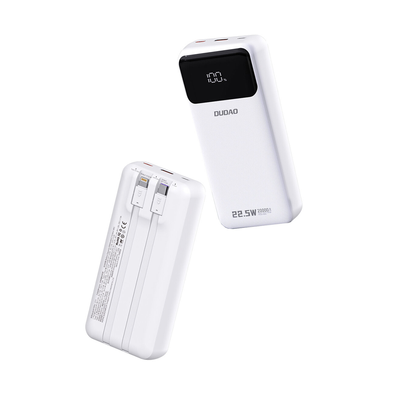 Biały powerbank z wyświetlaczem pokazującym \'100%\' oraz logo \'DUDAO\'. Na odwrocie wbudowane kable Lightning i USB-C oraz oznaczenie \'22.5W 20000mAh\'.