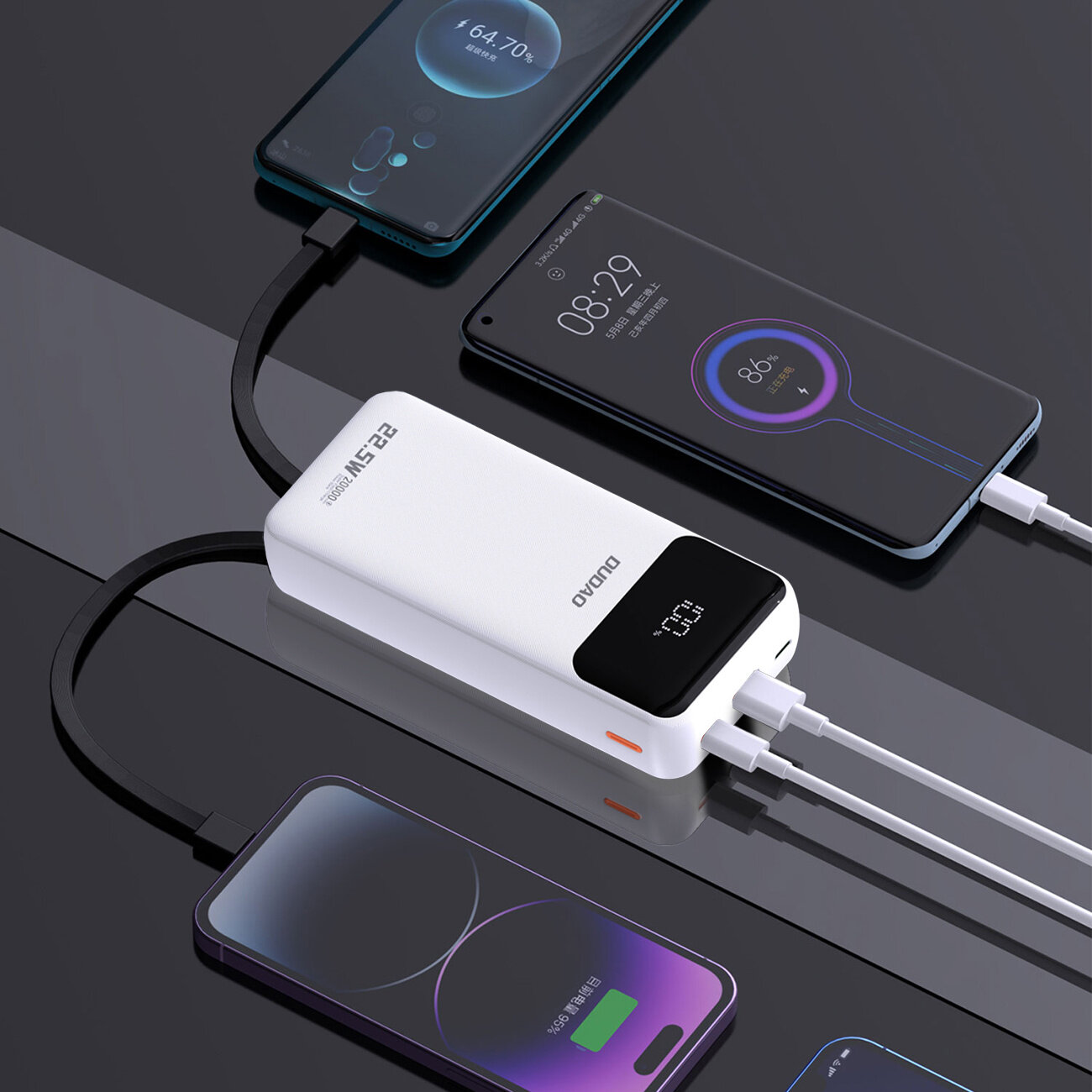 Na obrazie widoczny jest biały powerbank z logo \'Dudao\' i oznaczeniem \'22.5W\', podłączony do trzech smartfonów za pomocą kabli USB. Na ekranie powerbanka wyświetla się napis \'100%\'.