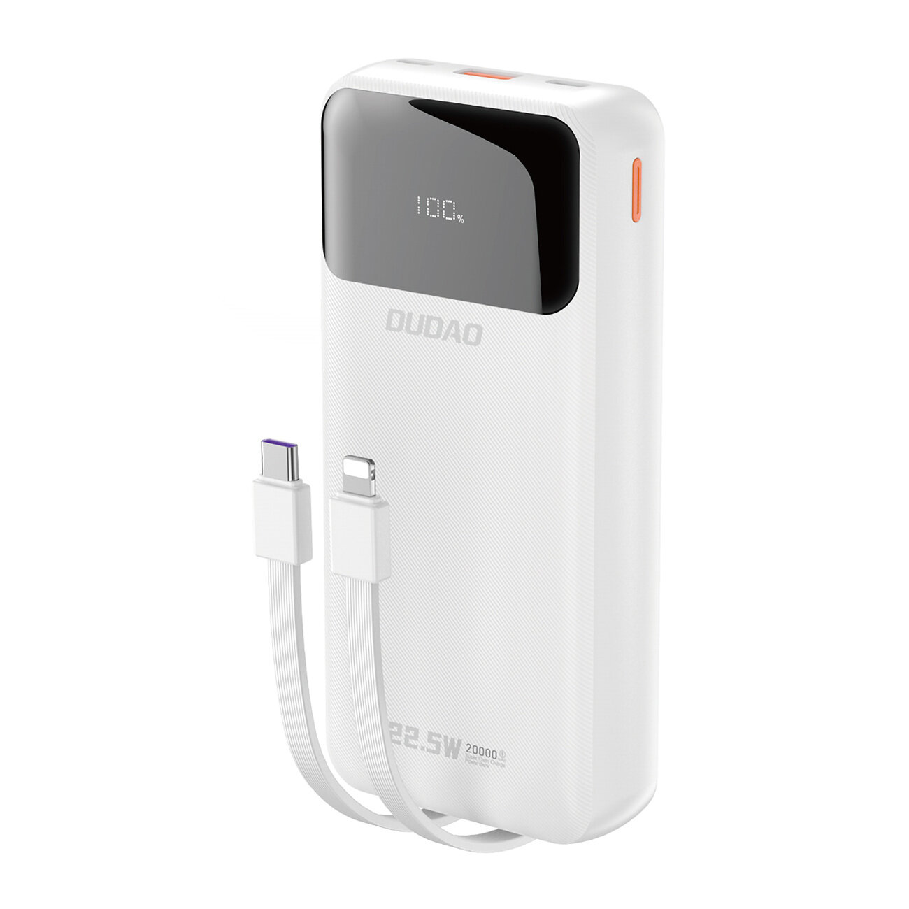 Biały powerbank z wyświetlaczem pokazującym \'100%\' oraz wbudowanymi kablami USB-C i Lightning. Na obudowie widoczne jest logo \'DUDAO\' oraz oznaczenie \'22.5W 20000mAh\'.