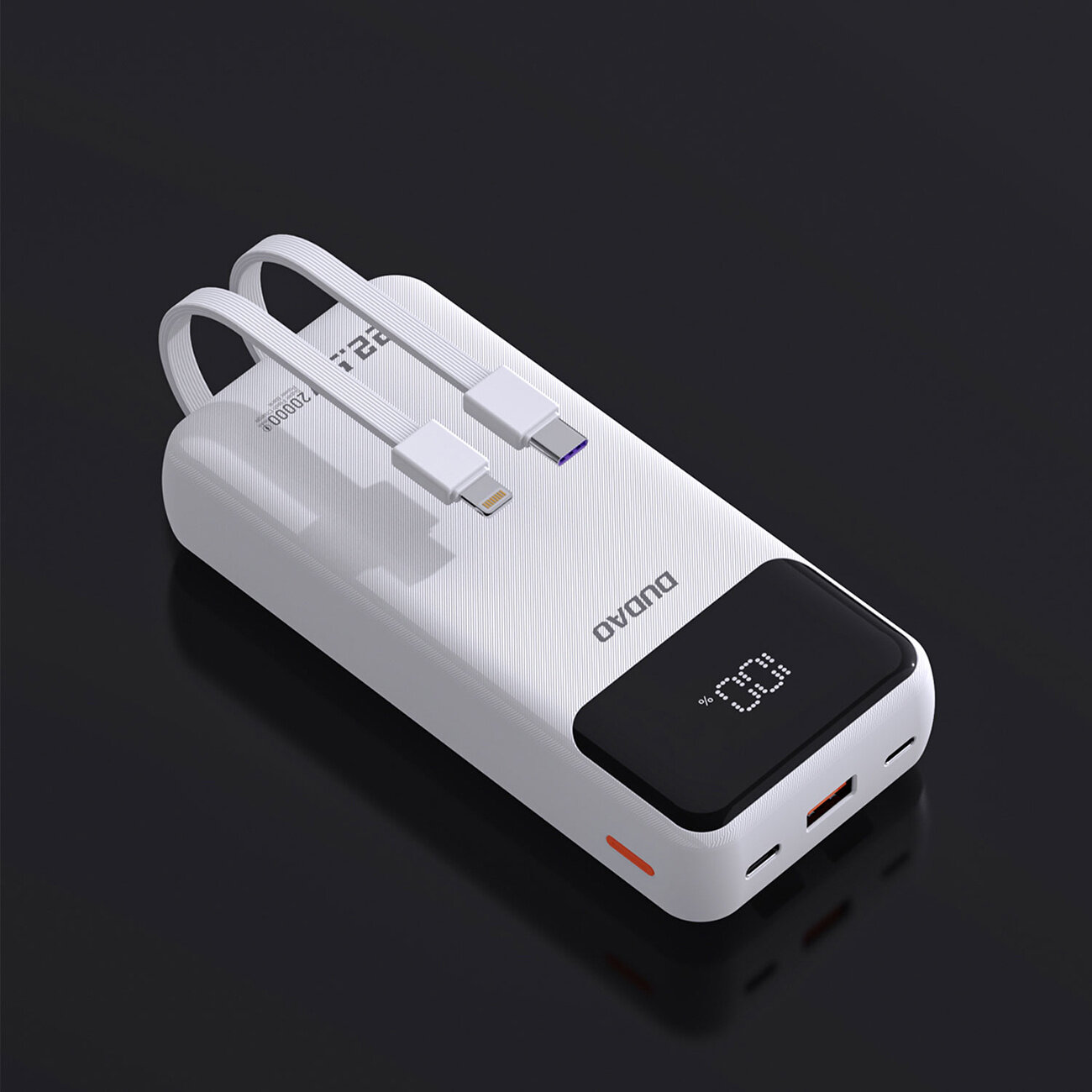 Biały powerbank z wyświetlaczem cyfrowym pokazującym stan naładowania, posiada wbudowane kable Lightning i USB-C. Na obudowie widoczne jest logo \'Dudao\'.