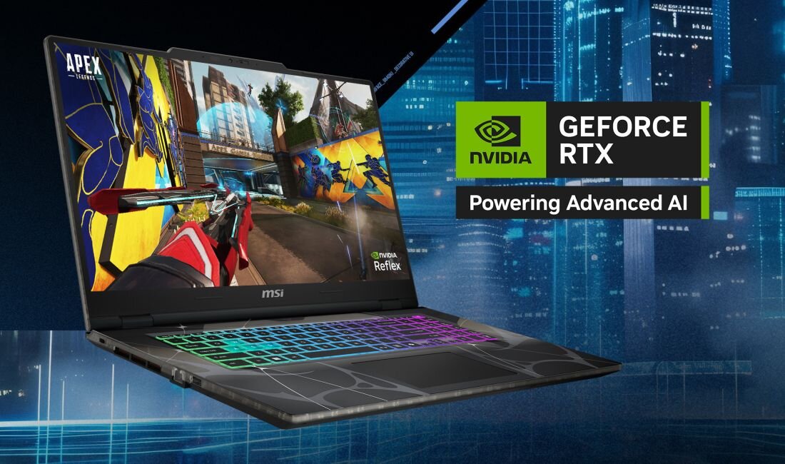Laptop MSI Cyborg wyświetla dynamiczną grę, podkreślając wydajność karty NVIDIA GeForce RTX - NVIDIA GeForce RTX DLSS 4.