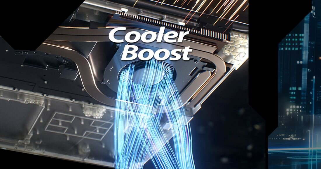 Wizualizacja systemu Cooler Boost w laptopie MSI Cyborg pokazuje skuteczne odprowadzanie ciepła - Układ chłodzenia Cooler Boost.