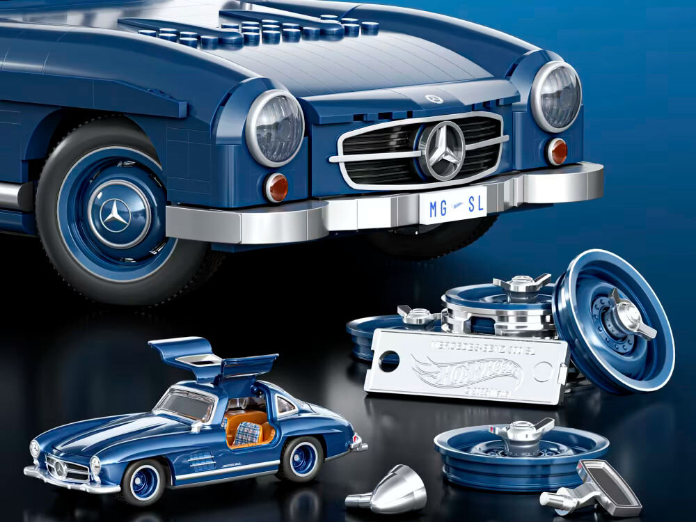 Klocki plastikowe BRICK SHOP Hot Wheels Premium Series Mercedes-Benz 300 SL HWW25 zestaw duży samochód mały samochód złote felgi tabliczka breloczek