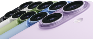 iPhone 17, tył urządzenia, system dwóch aparatów Fusion, modele w pięciu kolorach: czarny, biały, szałwia, gołębi i lawenda, nachodzące na siebie