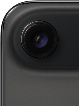 iPhone Air w kolorze gwiezdnej czerni pokazany z tyłu. Wyeksponowane górny zaokrąglony róg urządzenia i system aparatu Fusion z pojedynczym obiektywem