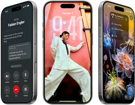 3 modele iPhone’a 17 Pro, przód, ustawione obok siebie urządzenia prezentują iOS 26, efekt Liquid Glass i funkcję Apple Intelligence