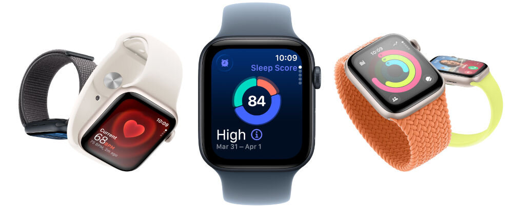 APPLE Watch SE 3 - prezentacja zegarków w różnych wersjach kolorystycznych na białym tle