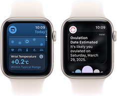 dwa urządzenia Apple Watch SE 3 z kopertami z aluminium w kolorze księżycowej poświaty prezentują na ekranach aplikację Parametry życiowe