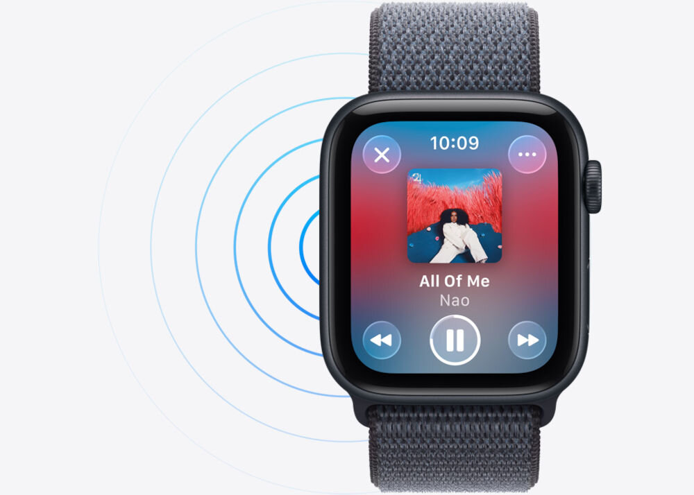 APPLE Watch SE 3głośnikowi i mikrofonowi dzwonić i odbierać połączenia dyktować wiadomości oraz odtwarzać muzykę i podcasty - prezentacja zegarka od przodu na jasnym tle wizualizacja działania głośnika na ekranie odtwarzacz z piosenką