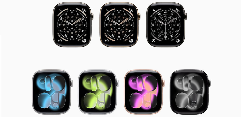 Apple Watch 11 GPS + Cellular 42mm koperta z tytanu (naturalny) + pasek sportowy rozmiar S/M (górska szarość) prezentacja dostepnych wariantów kolorystycznych na jasnym tle warianty kolorystyczne aluminium i tytan właściwości materiałów trwałość