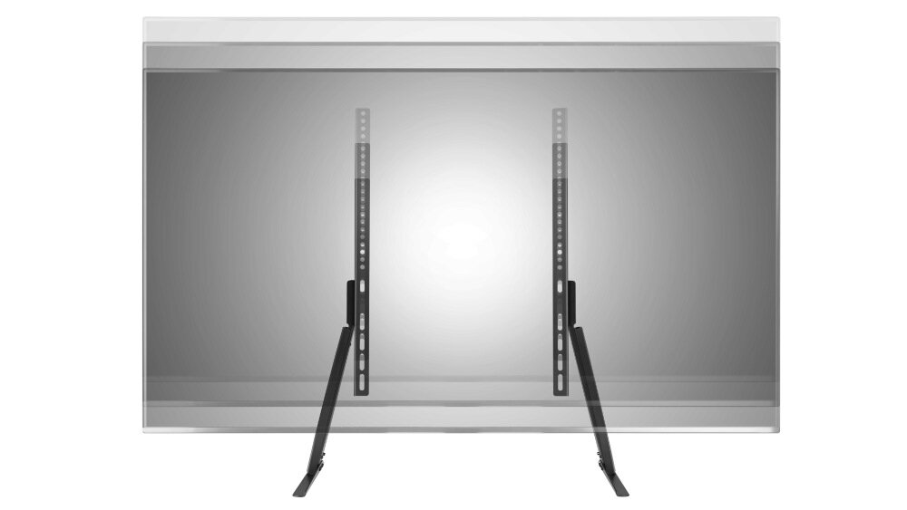 Czarny stojak podłogowy do telewizora z dwoma pionowymi uchwytami. Przeznaczony do telewizorów o przekątnej od 32 do 70 cali.