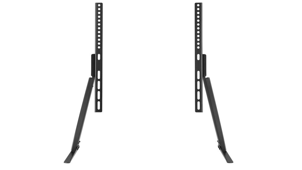 Czarny stojak podłogowy do telewizora z dwoma pionowymi metalowymi ramionami z otworami montażowymi. Konstrukcja jest prosta i minimalistyczna, przeznaczona do telewizorów o przekątnej od 32 do 70 cali.
