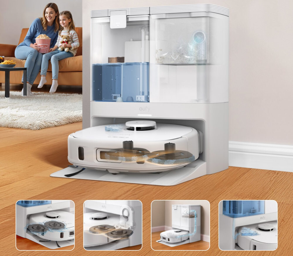 Robot sprzątający EUFY X10 Pro Omni aplikacja mobilna zdalna kontrola programowanie harmonogram sprzątanie monitorowanie postępy automatyczne opróżnianie pojemnik kurz pielęgnacja pojemność