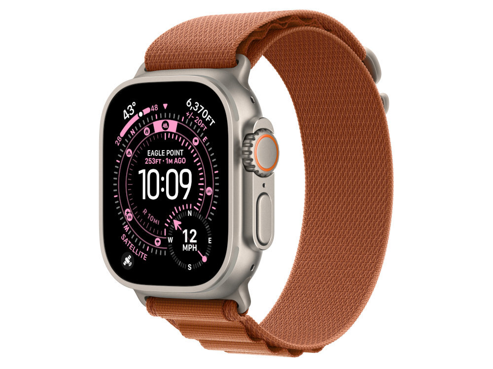 Na obrazie widoczny jest smartwatch z terakotowym paskiem. Na ekranie zegarka wyświetlane są informacje takie jak czas 10:09, wysokość 253FT oraz prędkość 12 MPH.