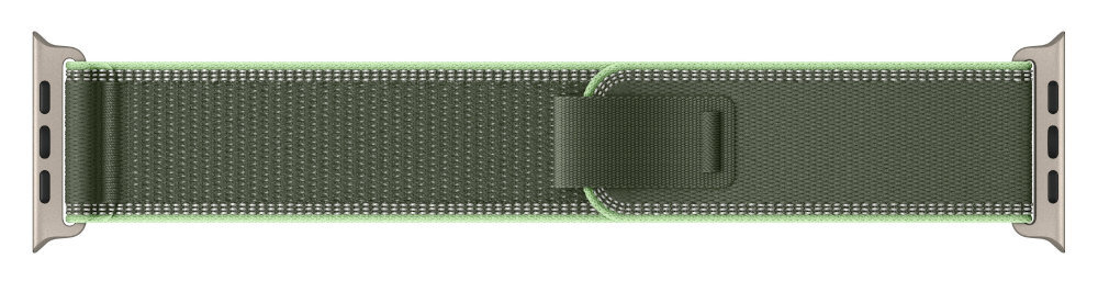 Pasek Apple Trail wykorzystaniem trwałych i przyjaznych środowisku materiałów tytanu pochodzącego w 90% z recyklingu taśma zawiera 100% recyklingowanego poliestru i elastanu oraz 60% recyklingowanego nylonu - pasek na białym tle na płasko